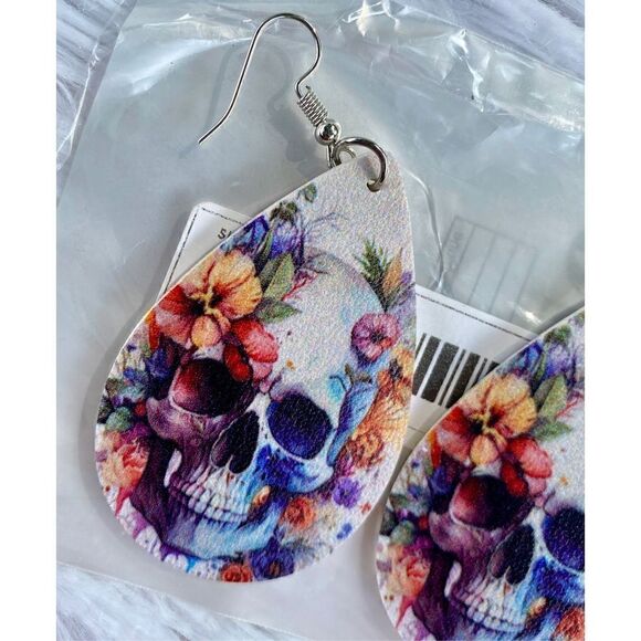 NWT Sugar Skull White Leather Colorful Flower Teardrop Dangle Earrings - Picture 5 of 5